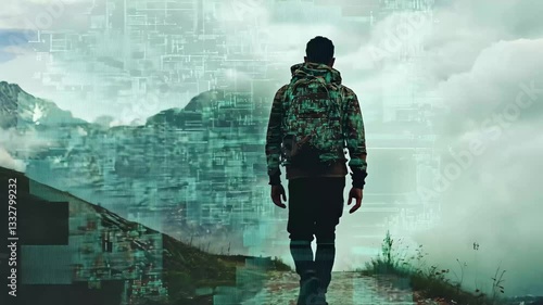 Wallpaper Mural Data processing and hiking journey of an African American man in a mountainous landscape, data processing over african american man hiking Torontodigital.ca