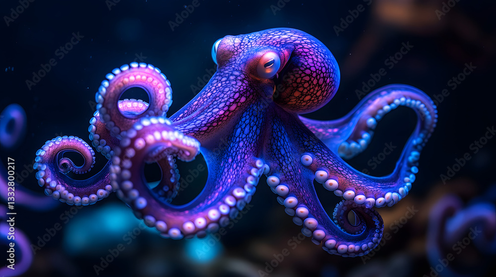 Obraz premium Vibrant octopus gracefully swimming in a deep-sea environment with colorful coral in the background