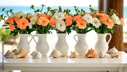 Wallpaper Mural Sea shells and flowers on table at beach. Torontodigital.ca