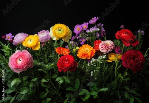 Wallpaper Mural Vibrant Floral Arrangement with Various Colorful Flowers on Dark Background, Perfect for Celebrating Spring and Nature's Beauty in Artistic Style Torontodigital.ca
