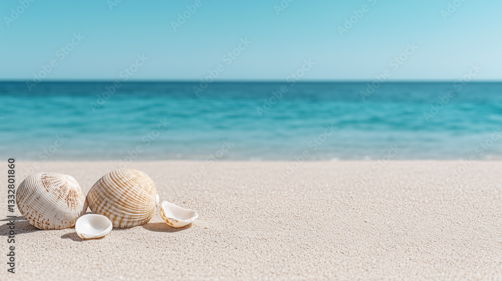 Beautiful seashells resting on soft sandy beach with tranquil ocean waves and clear blue sky in the background Beautiful seashells resting on soft sandy beach with tranquil ocean waves and clear blue sky in the background