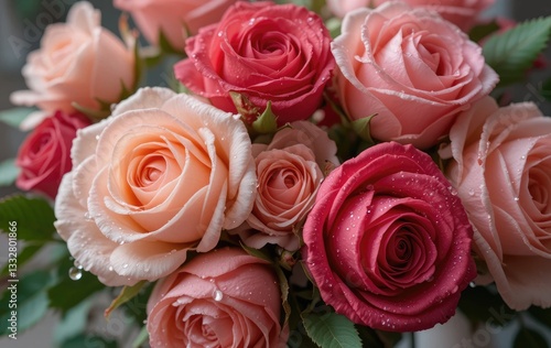 Close-up of Pink and Peach Roses with Water Droplets, Fresh Bouquet