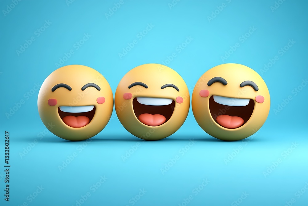 Three cartoon yellow faces with expressive joyful smiles Three cartoon yellow faces with expressive joyful smiles