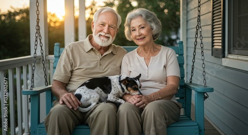 Happy Senior Couple Relaxing on Porch Swing with Dog Golden Hour