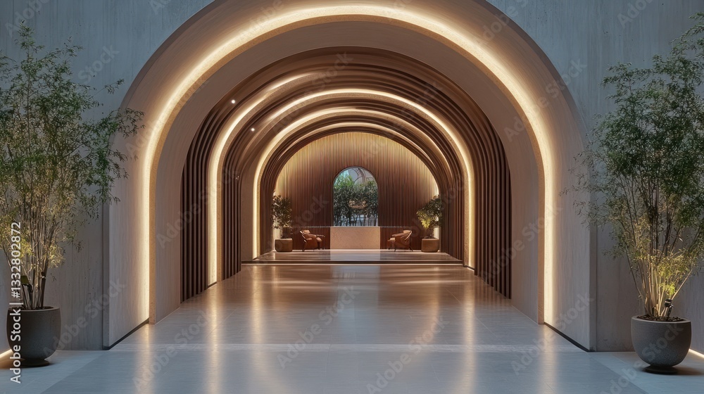 Fototapeta premium Serene hotel lobby archway, calming garden view, modern design, relaxing atmosphere