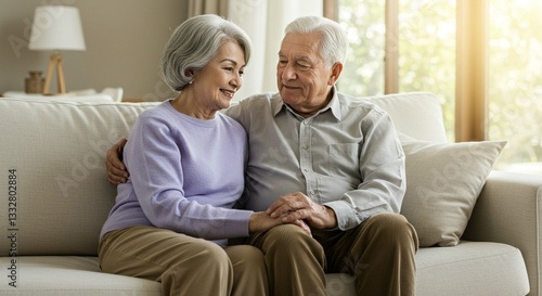 Affectionate Senior Couple Relaxing on Comfortable Sofa at Home Enjoying Retirement