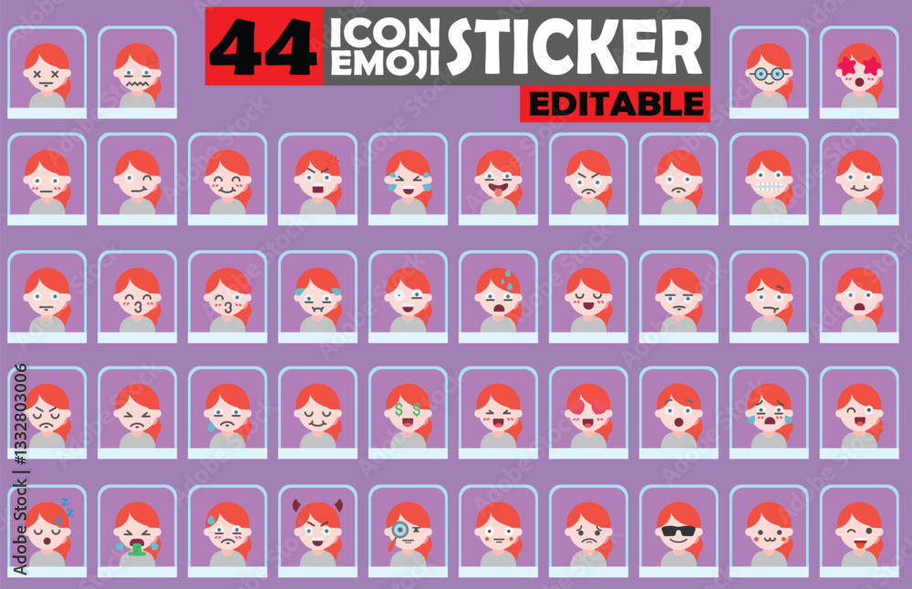 Diverse Expressions: Collection of Cute Girl Emoji Stickers for Digital Communication