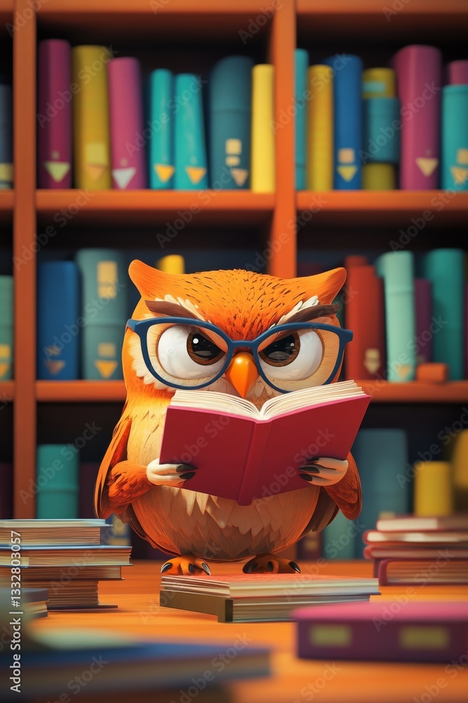 Wise Owl Reading in a Library Wise Owl Reading in a Library