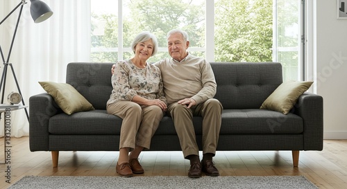 Happy Senior Couple Relaxing on Comfortable Sofa at Home Retirement Love