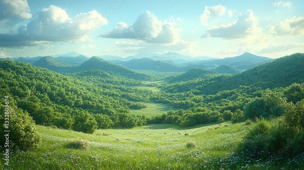Fototapeta premium Serene Green Hills Landscape: A Breathtaking Panorama of Rolling Hills and Lush Meadows Under a Sunny Sky