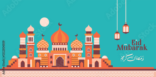 Geometric Arabic cityscape pattern with beautiful orange domes, minimalist Ramadan Kareem, horizontal orange Eid Mubarak poster