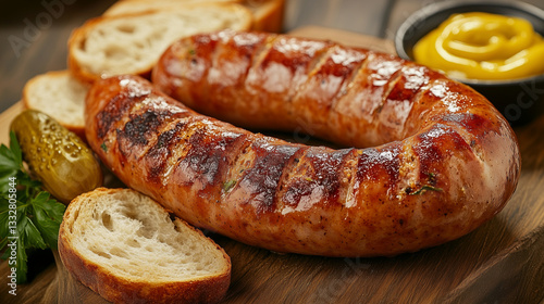 Grilled Hungarian Sausage with Bread and Mustard on a Wooden Board  