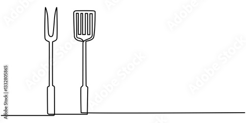 Continuous one line drawing of a bbq fork and spatula. Barbeque fork and spatula isolated on a white background. Vector illustration, Kitchen utensils one line colored continuous drawing. Confectioner
