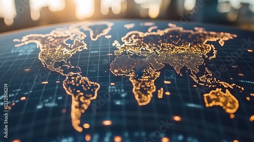A glowing world map on a digital display with highlighted regions for global business growth.