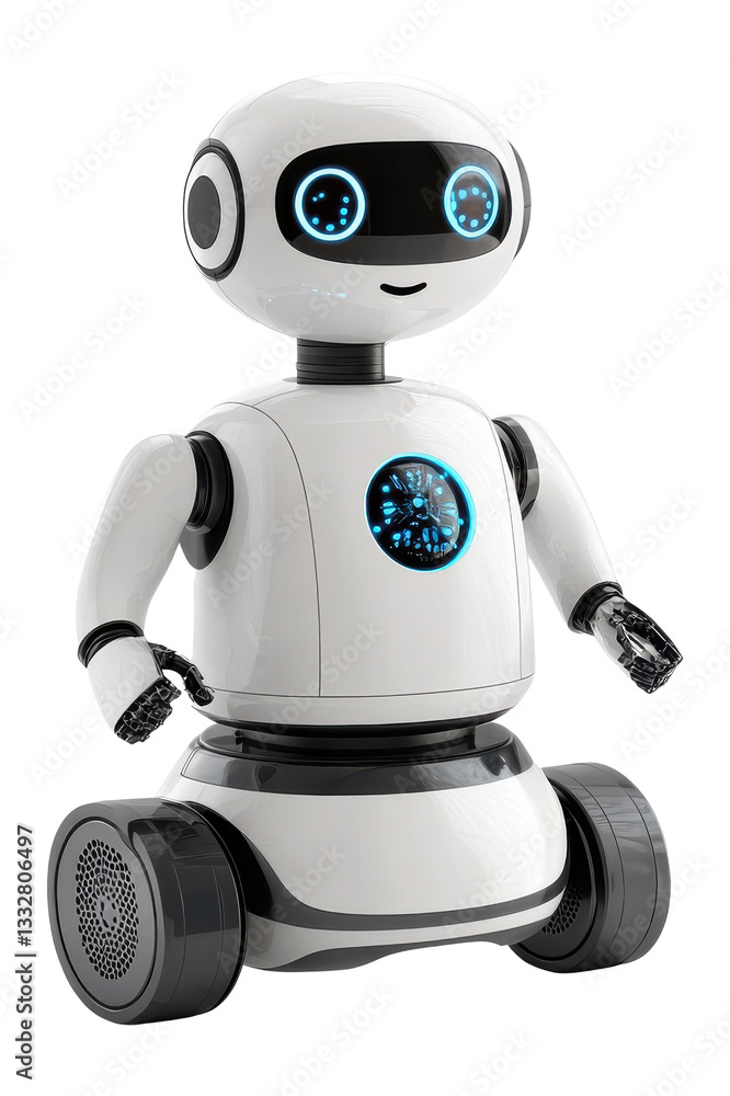 White Robot Stands Still. Cute android design. Small wheels. Round head. Smiling face. Isolated png transparent background. White Robot Stands Still. Cute android design. Small wheels. Round head. Smiling face. Isolated png transparent background.