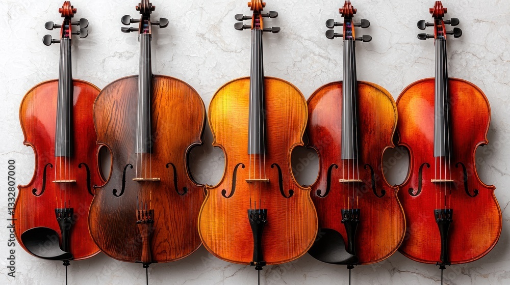 Fototapeta premium Five Exquisite Violins in a Row, a Symphony of Craftsmanship and Musical Heritage