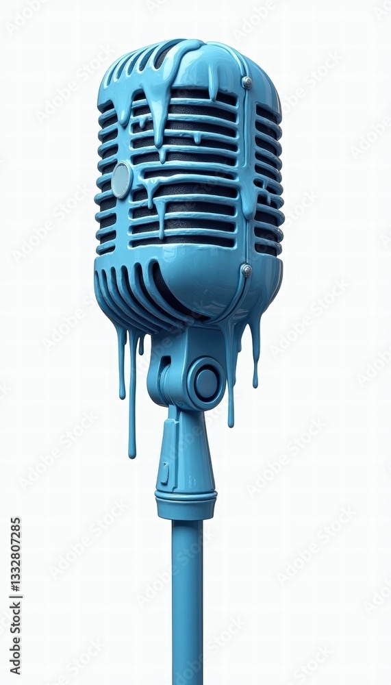 Fototapeta premium A vibrant blue vintage microphone with a dripping paint effect, perfect for music, creativity, or artistic projects. ideal for branding and advertising purposes.