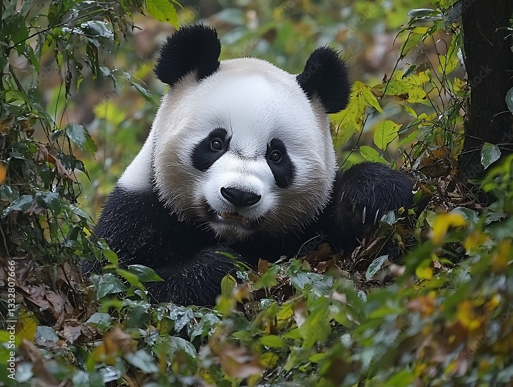 Fototapeta premium Panda Eating Bamboo in Forest Undergrowth.