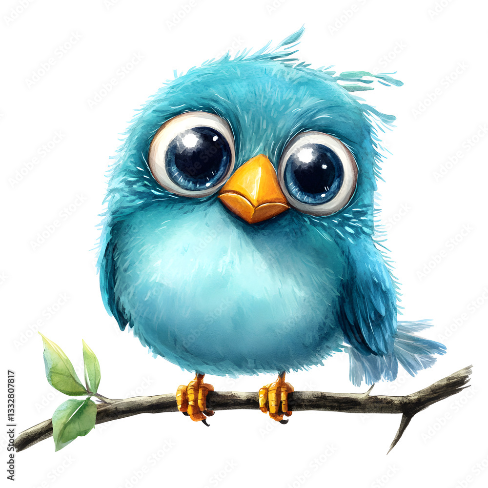 Fototapeta premium Cute watercolor whimsical blue bird on a transparent background, perfect for children’s illustrations, nursery decor, greeting cards, and playful nature designs