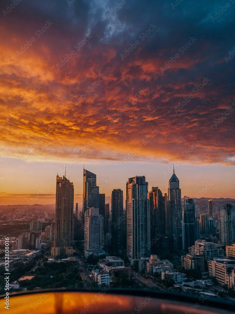 Obraz premium Cityscape through a lens at urban sunset