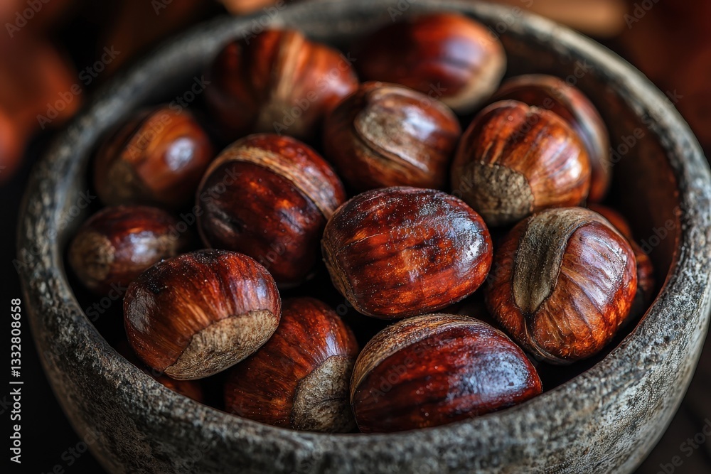 Obraz premium Bowl full of fresh chestnuts, perfect for autumn and winter snacks, gourmet ingredient for cooking and healthy food enthusiasts, delicious ingredient for seasonal recipes.
