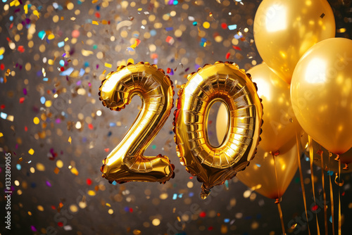 A sparkling gold foil 20 balloon surrounded by elegant gold balloons and vibrant, flying confetti, creating an exciting and dynamic atmosphere, perfect for event banners