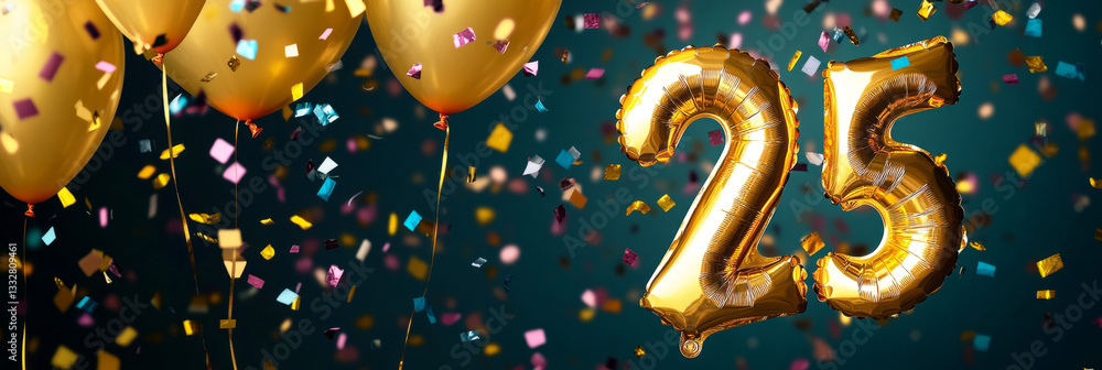 Fototapeta premium A radiant gold foil 25 balloon with elegant gold balloons and vibrant confetti, capturing the excitement of a memorable celebration, perfect for eye-catching event banners