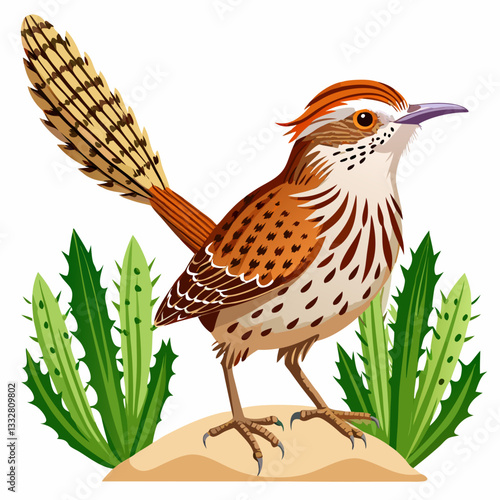 A vibrant illustration of a Cactus Wren perched elegantly among its favored desert cacti. The illustration showcases its distinctive features.