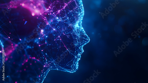 A blue and purple face with a lot of lines and dots. The face is surrounded by a blue background