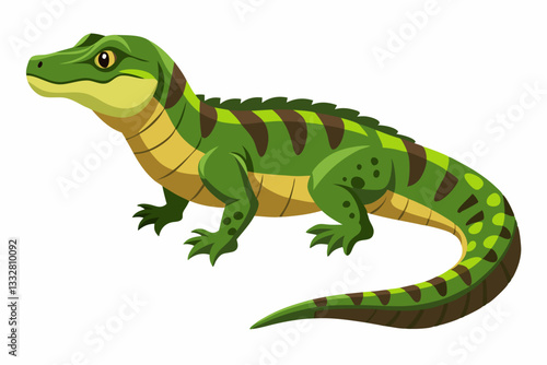 A vivid illustration of a crocodile with striking green and brown markings