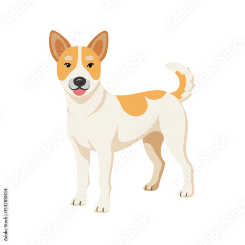 An energetic and cheerful dog with a tan and white coat, standing in a confident pose, expressing playful joy