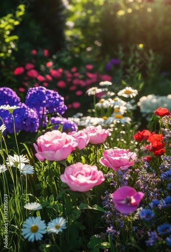 Vibrant Floral Garden with Colorful Blooms in Bright Spring Sunshine, Showcasing a Kaleidoscope of Nature’s Beauty and Variety in a Serene Outdoor Setting