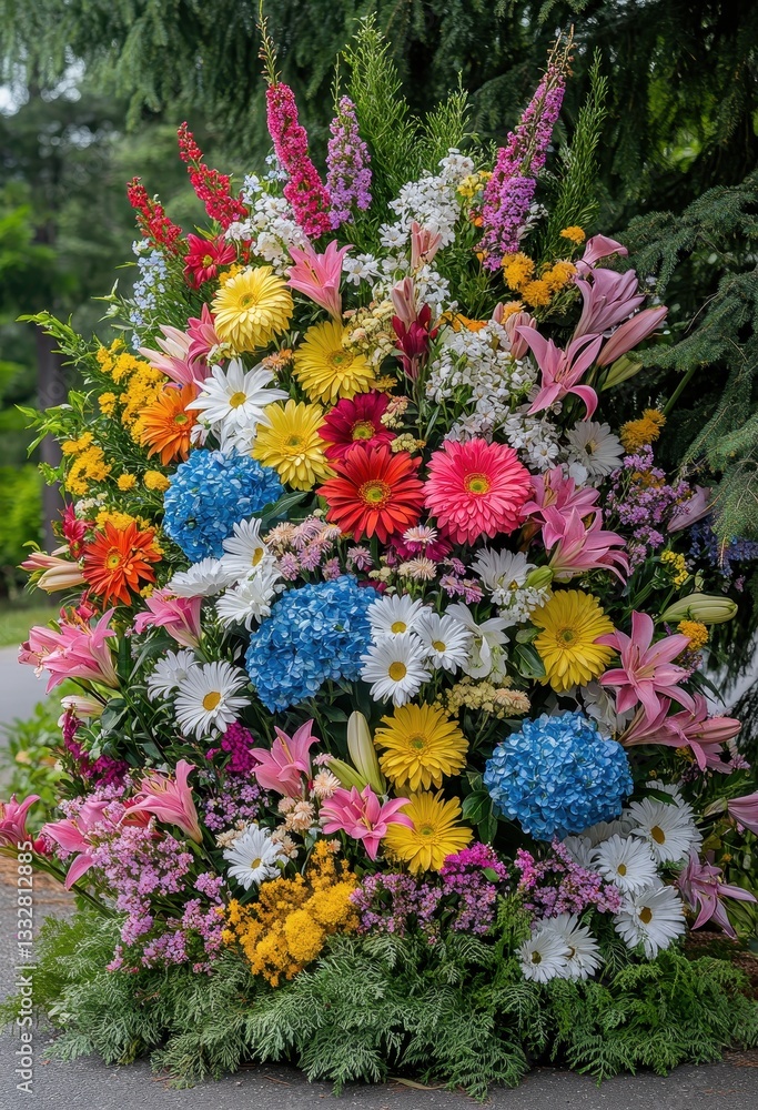 Fototapeta premium Vibrant Flower Arrangement Featuring Diverse Blooms in Bright Colors Amidst Greenery for Outdoor Decoration and Celebration Concepts