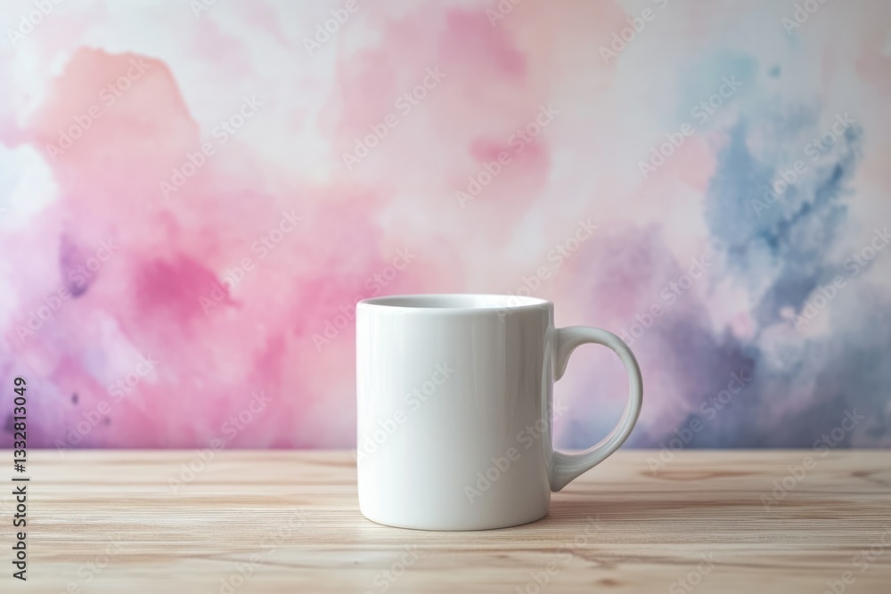A white mug sits on a wooden table against a backdrop of soft, watercolor-painted clouds. A white mug sits on a wooden table against a backdrop of soft, watercolor-painted clouds.