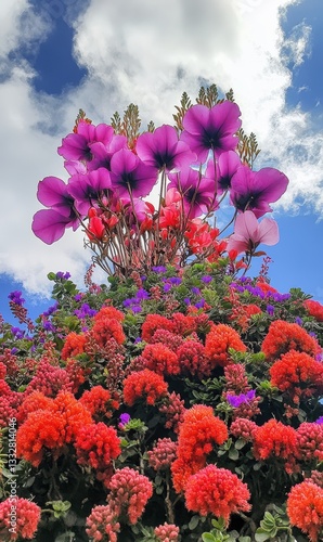 Vibrant Flower Arrangement with Pink and Red Blooms against a Blue Sky with Fluffy White Clouds and Lush Greenery in a Bright Garden Setting