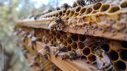 Close-Up of Honey Bees Working on a Beehive with Honeycomb  
