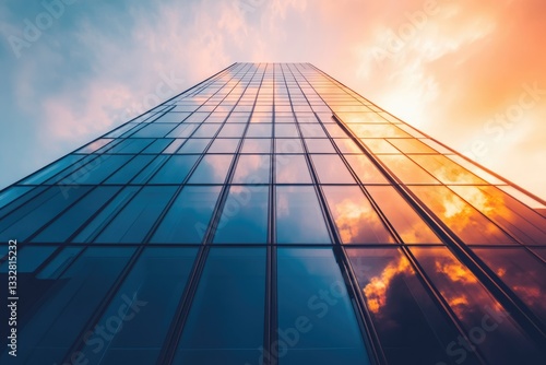 Wallpaper Mural A modern glass skyscraper reflects a vibrant sunset, showcasing architectural design and urban development. Torontodigital.ca