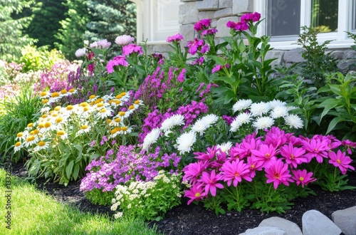 Wallpaper Mural Vibrant Flower Bed in a Well-Maintained Garden with Colorful Blooms and Lush Greenery in Bright Natural Light Torontodigital.ca