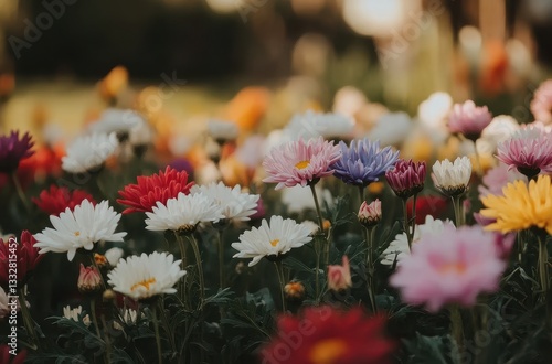 Vibrant Flower Bed in Bloom Showcasing a Colorful Array of Daisies and Blossoms in a Lush Green Garden Setting during Golden Hour Light