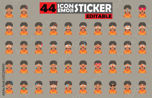 Set of diverse cartoon girl emoji icon stickers showcasing various human emotions