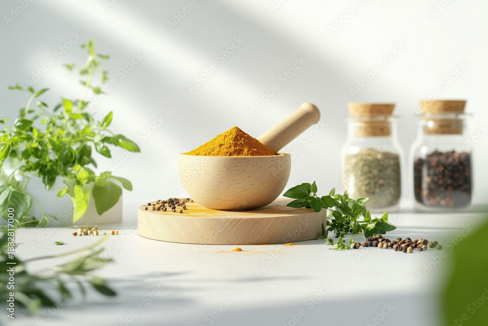 Turmeric and Other Spices in Mortar and Pestle on a White Surface