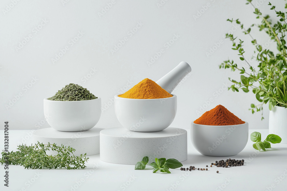 Assorted Spices and Herbs in White Ceramic Bowls with Greenery