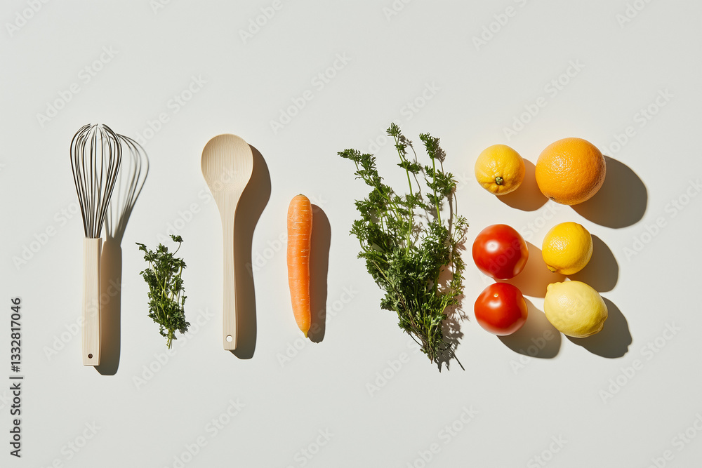 Wooden Kitchen Utensils and Fresh Herbs on a White Background