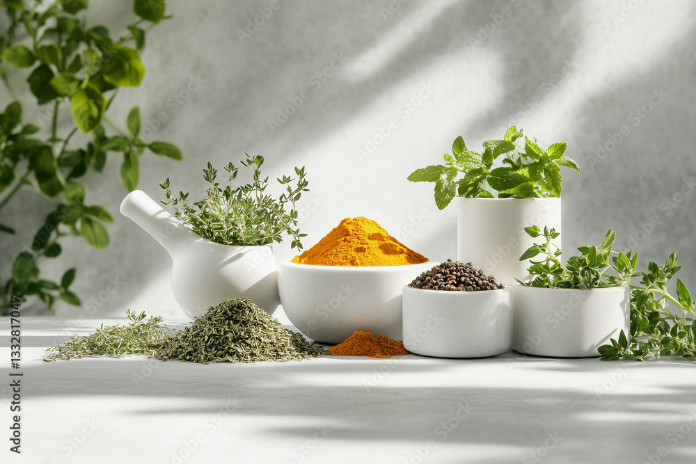 Assorted Spices and Herbs in White Ceramic Bowls with Greenery
