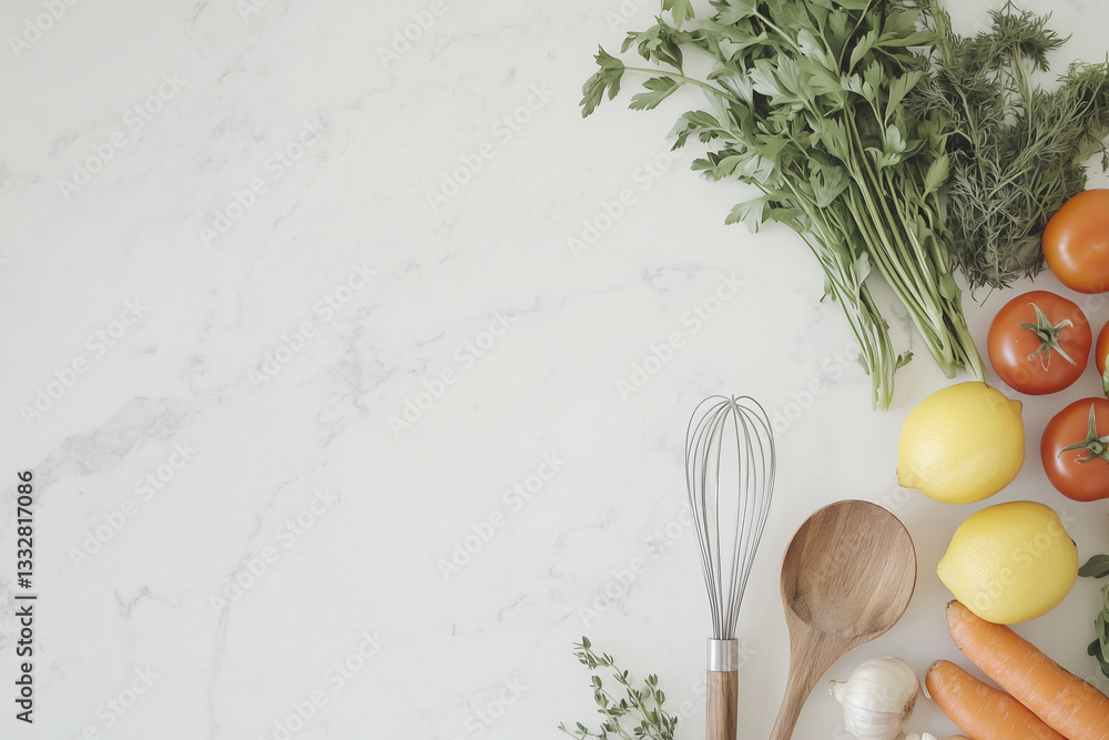Minimalist Kitchen Background with Fresh Herbs and Wooden Utensils