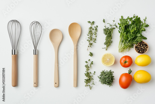 Wooden Kitchen Utensils and Fresh Herbs on a White Background
