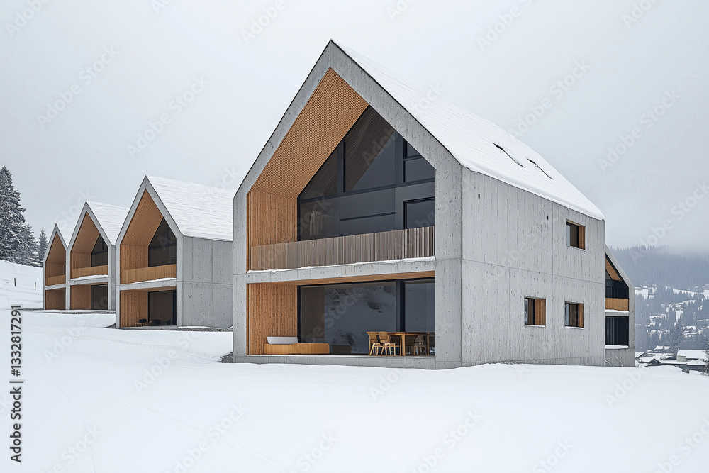 Minimalist White Concrete House with Large Windows in Winter