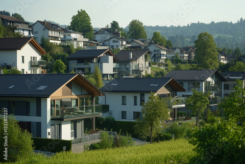 Scenic European-Style Residential Neighborhood with Green Hills