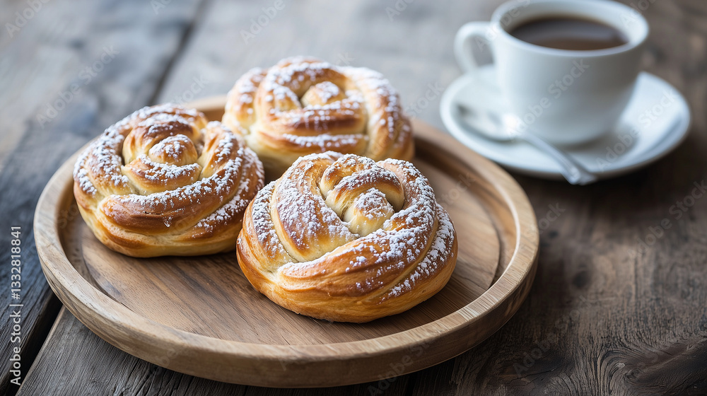 Delicious Kanelbullar Pastries with Coffee on Wooden Table Delicious Kanelbullar Pastries with Coffee on Wooden Table