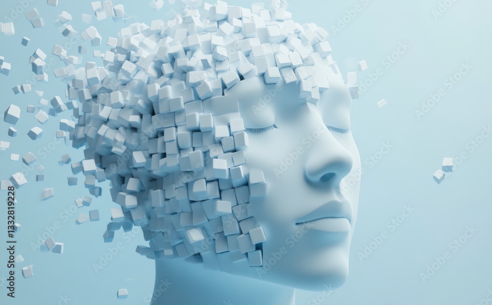Obraz premium 3D rendering of a head made from white cubes on a light blue background. AI concept